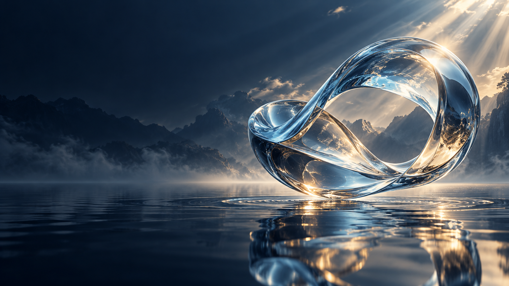 A sculpted glass loop reflecting blue and gold light above water